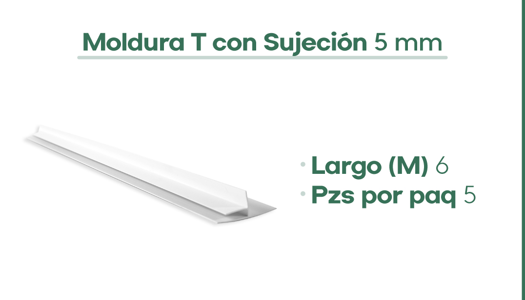 Dimensiones de la Moldura T con Sujeción 5mm para plafon de PVC