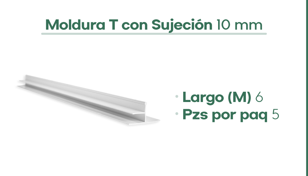 Dimensiones de la Moldura T con Sujeción 10mm para plafon de PVC